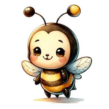 An illustration of a cute bee character with smiling face, rendered in watercolor style.
