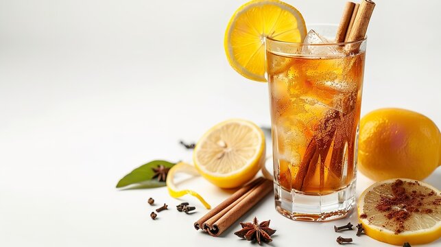 Portrait of fizzy cocktail with lemon and cinnamon against a white backdrop decorated with lemon with space for text or products, Generative AI.