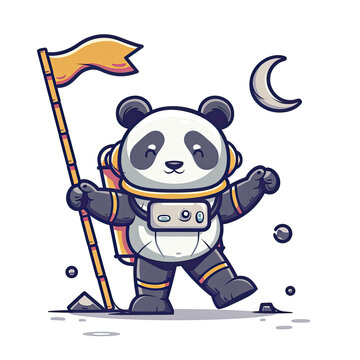 Panda Astronaut Holding Flag Bamboo Moon, Isolated Transparent Background Images