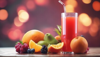 Fototapeta premium view of aesthetic fruit juice with some fruits garnish scene image background