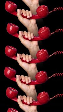 red vintage telephone handsets in vertical