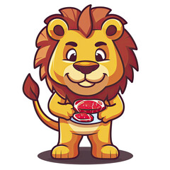 Lion Holding Steak Meat Cartoon, Isolated Transparent Background Images