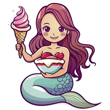 Mermaid Bowl Holding Ice Cream Cartoon, Isolated Transparent Background Images