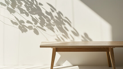 Chic Nordic Wooden bench with Plant Shadows for Elevated Product Display