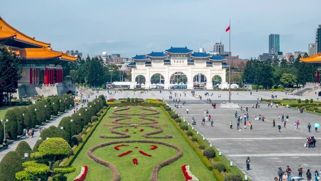 Time lapse shows the plaza at the Chiang Kai Shek Memorial and Liberty Square Arch in Taipei
