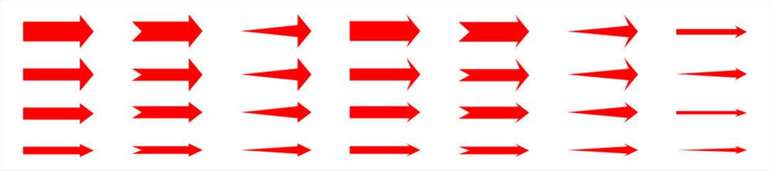 arrows red icon set isolated on white background. consist of 28 different arrow direction : right or rightward or  forward sign.