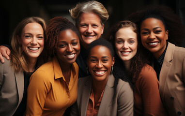 Obraz premium Studio shot of happy diverse team, multiracial business friends having fun together. Generative AI
