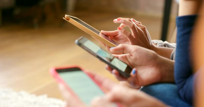 Hands, phone and typing in group, closeup and together in home for connection, mobile app or web blog. People, women and smartphone for friends with click, scroll and communication on social media