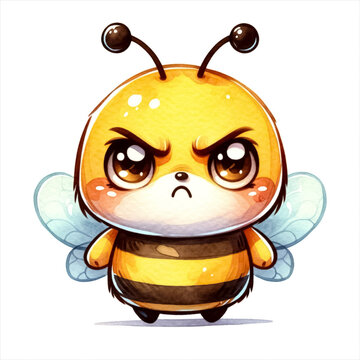 An illustration of a cute bee character with Angry face, rendered in watercolor style.