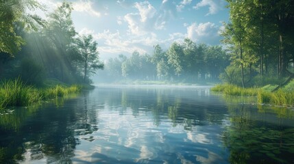 Sunlight filters through the canopy of lush green trees, casting a gentle glow on a tranquil river. The calm waters reflect the clear blue sky, interrupted only by the gentle sway of riverside reeds - obrazy, fototapety, plakaty
