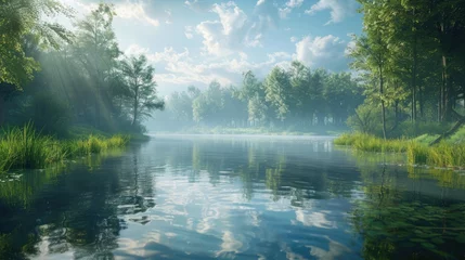 Papier Peint photo autocollant Réflexion Sunlight filters through the canopy of lush green trees, casting a gentle glow on a tranquil river. The calm waters reflect the clear blue sky, interrupted only by the gentle sway of riverside reeds