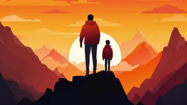 A parent and child standing together at the top of a mountain emphasising that although parenting can be a difficult Psychology art concept. .