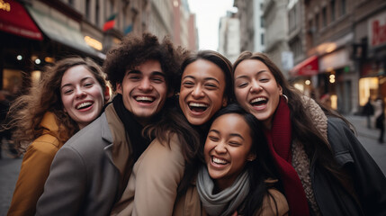  A vibrant scene in a bustling city square, a diverse group of friends joyfully embracing each...