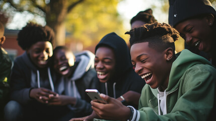 A group of young people gathers outdoors, immersed in their smart mobile phone devices, laughter and friendly banter filling the air as they play video games apps together . - obrazy, fototapety, plakaty