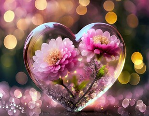ガラスのハートの中に咲くピンクの花が幻想的に輝いている