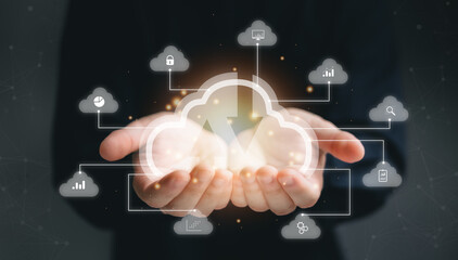 Big data analytics and business intelligence concept with chart and graph icons on a digital screen interface and a businessman in background