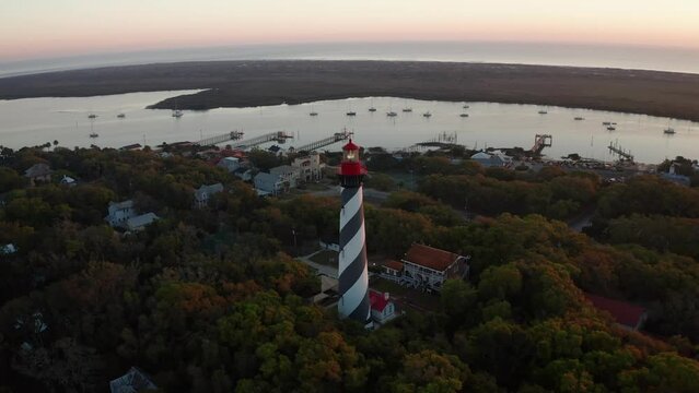 Sunrise Aerial drone parallax video St Augustine Florida lighthouse 4k