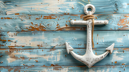 Old white anchor on distressed blue wood plank - obrazy, fototapety, plakaty