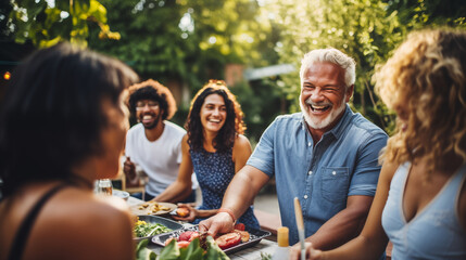 Happy family at party outdoor with barbecue grilling outdoor. - Powered by Adobe