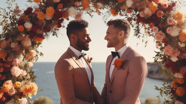 Gay couple in wedding ceremony at outdoor near sea,Authentic LGBTQ Relationship
