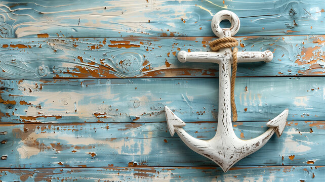 Old white anchor on distressed blue wood plank