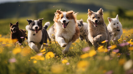 
A heartwarming sight of dogs and cats of various breeds running happily together in an open field, their furry tails wagging in unison, ears flopping with each joyful leap. - obrazy, fototapety, plakaty