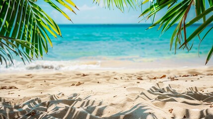 Fototapeta na wymiar Tropical beach with palm leaves and white sand, summer vacation background.