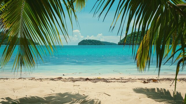 Tropical beach with coconut palm leaves. Holiday background with copy space.