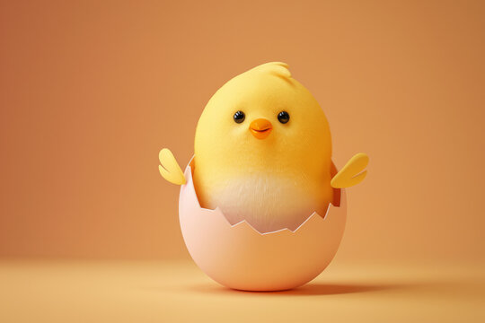 Cute easter chick in an easter egg shell 3d illustration style