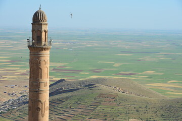 Mardin, Ulu Mosque minaret and wide view on the south side. Mardin, Turkey.