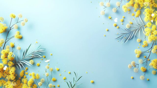 light blue background  with white flowers. blue banner with mimosa branch for spring holidays. seamless looping overlay 4k virtual video animation background