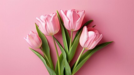 Fototapeta premium Bouquet of pink tulips on a pink background, top view.