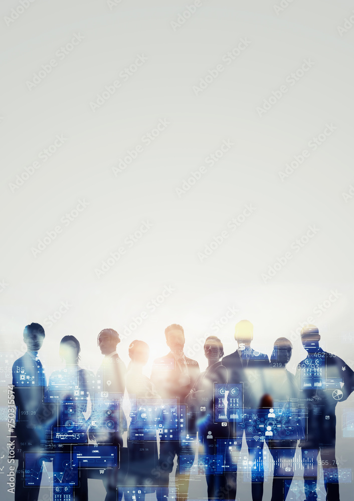 Poster group of multinational businessperson and digital technology concept. human resources. partner of bu