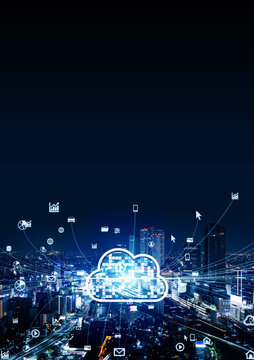 Modern city traffic and cloud computing concept. Communication network. Digital transformation. Software as a service. Vertical visual for advertisements and banners.