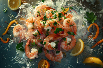 Crafted with precision, an ultra-realistic photograph showcases the tantalizing beauty of Ceviche de Camarones. This seafood masterpiece features fresh shrimp marinated in citrus, inviting viewers to 