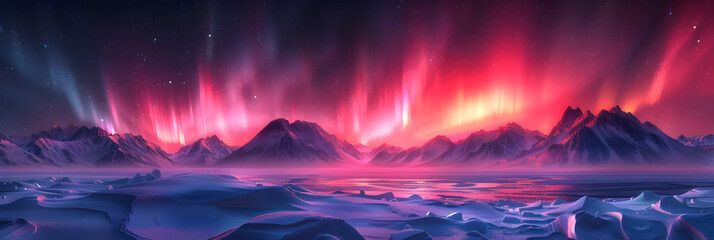 Magenta Aurora Borealis over Snow-covered Landscape,
Aurora over the lake and mountains

