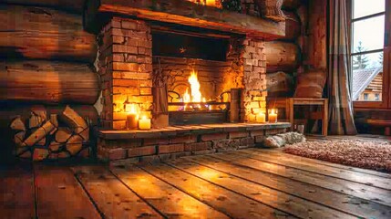 Fototapeta na wymiar A beautiful, cozy fireplace with natural brick, a wood mantle, and hardwood floors.