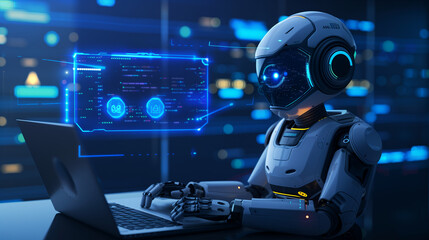 Chat with AI, generate, imagine prompt, android robot show virtual graphic Global Internet connect, Artificial Intelligence, using command for generates something, Futuristic technology 