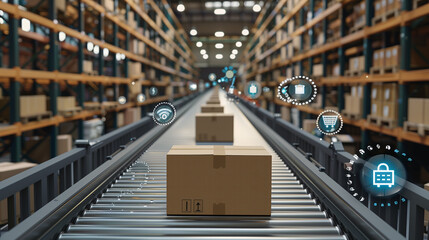 Smart warehouse management system with innovative Internet of Things technology to identify package picking and delivery. Future concept of supply chain and logistic 