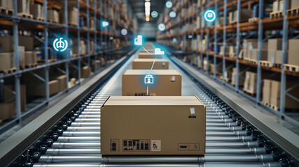 smart warehouse management system package picking, and delivery. conveyor belt in a distribution warehouse with a row of cardboard box packages for e-commerce delivery, logistics concept, 