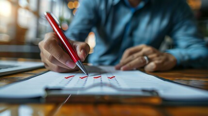 A man is writing with a red pen on a piece of paper - obrazy, fototapety, plakaty