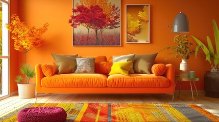 contemporary Cozy autumn decor living room in fall colors bright tones colorful. 3D rendering.