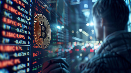 man looking at a screen with charts Bitcoin ETF fund ETF Exchange-traded fund stock market business finance investment concept, Bitcoin ETF, Exchange-traded fund and crypt