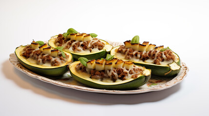 
Succulent meat-stuffed zucchini boats arranged neatly on a light-colored platter, set against a minimalist backdrop, with empty space surrounding the dish, allowing for the addition.
