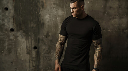Muscular tattooed man in a black t-shirt posing against a textured grey wall. - obrazy, fototapety, plakaty