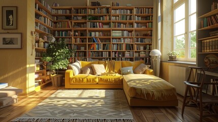 Cozy Living Room Interior with Sofa and Library. 3d render