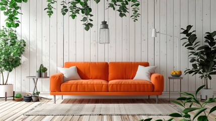 Cozy orange sofa in modern white wooden wall in empty room with plants orange juice carpet and floor lamp on wooden planks parquet floor. Architecture and interior concept. 3D illustration rendering