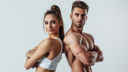 Fit couple posing back to back, showcasing their toned muscles on a clean, white background.