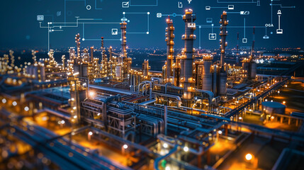 Fototapeta na wymiar oil and gas refinery or petrochemical factory price chart concepts with floating icons and price arrows at night