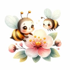cute Bee pollinating blossom. watercolor illustration, Garden blooming plants and insects flying isolated clipart on white background.